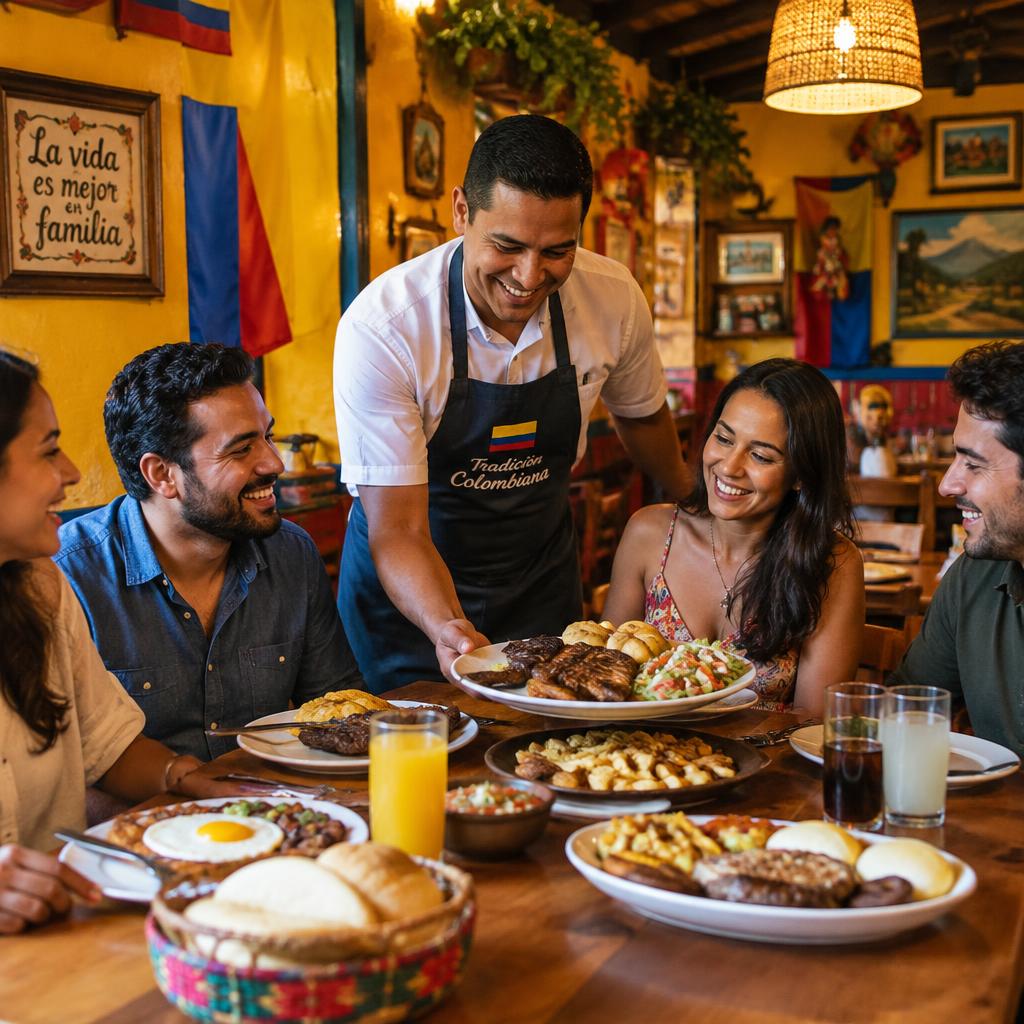Mozo sirviendo platos colombianos a un grupo de amigos