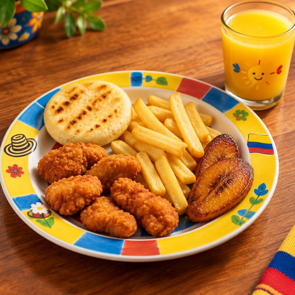 Plato infantil del menú Fonda Kids con arepa y maduro